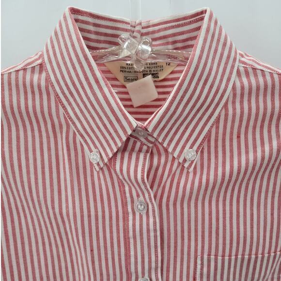 Sears Vintage 80s Red Stripe Long Sleeve‎ Button Up Academia Oxford Blouse Top - Picture 6 of 12